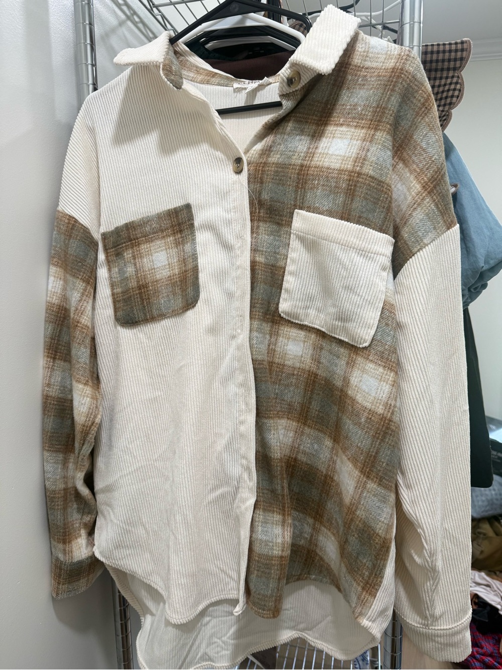 Blu Pepper Cream and Brown Plaid Corduroy Button-Up Cardigan